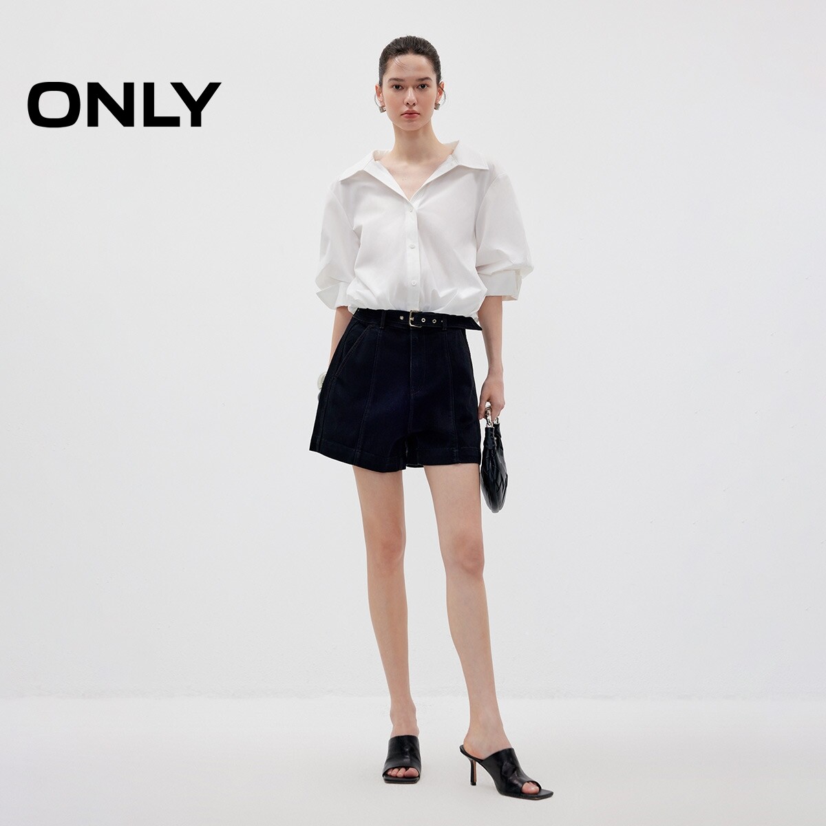 ONLY夏季新款纯色翻领灯笼袖衬衫