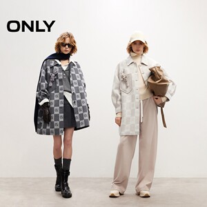 ONLY2025冬季新款宽松落肩棋盘格翻领羊毛混纺廓形毛呢大衣外套女