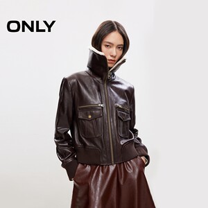 o区绫致ONLY2024冬季新款时尚通勤风绵羊皮毛领长袖夹克皮衣女潮