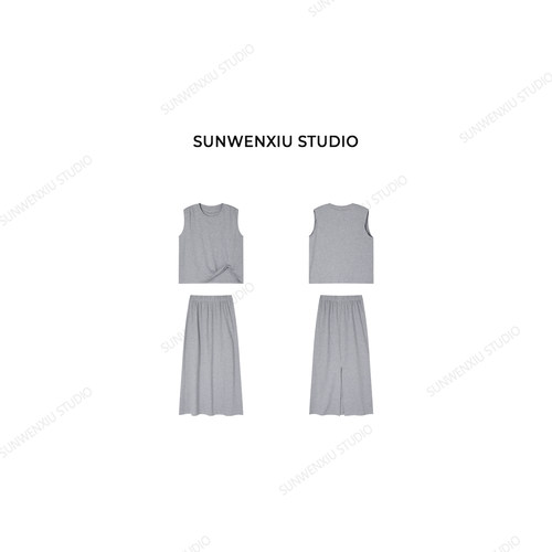 swx studio 精致女生 全棉夏季无袖简约舒适松紧腰半裙套装404C - 图0
