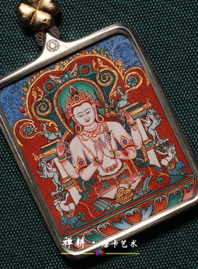 手绘四臂随身热贡吊坠小唐卡