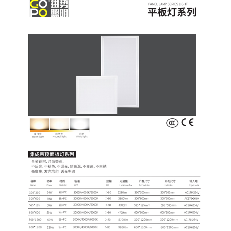 gopo进势照明平板灯30*30集成吊顶led面板灯30*60铝扣板60*60铝扣 - 图0