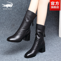 Genuine leather mid-cylinder boot female style autumn winter plus suede mom boots 2023 new Martin boots thick heel short boots high heel leather shoes