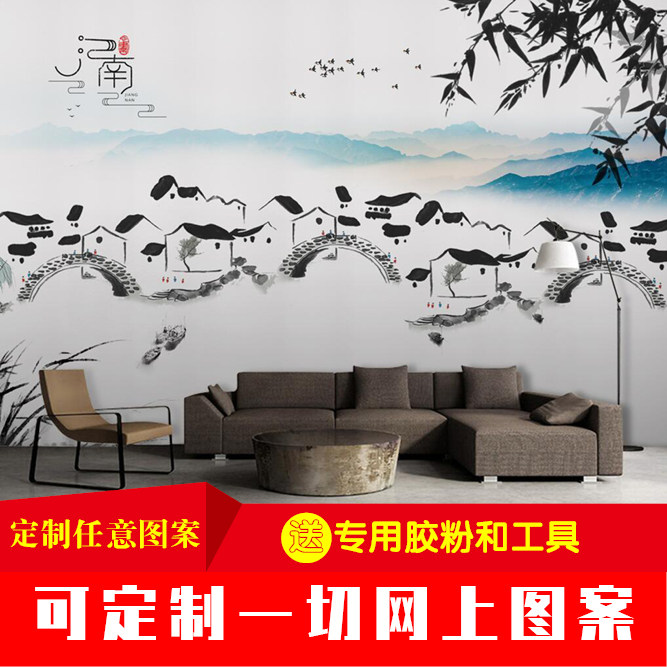 新中式极简江南水乡水墨山水画背景墙壁画餐厅墙纸餐厅餐馆墙纸,淘宝优惠券,粉丝福利购,淘宝优惠卷