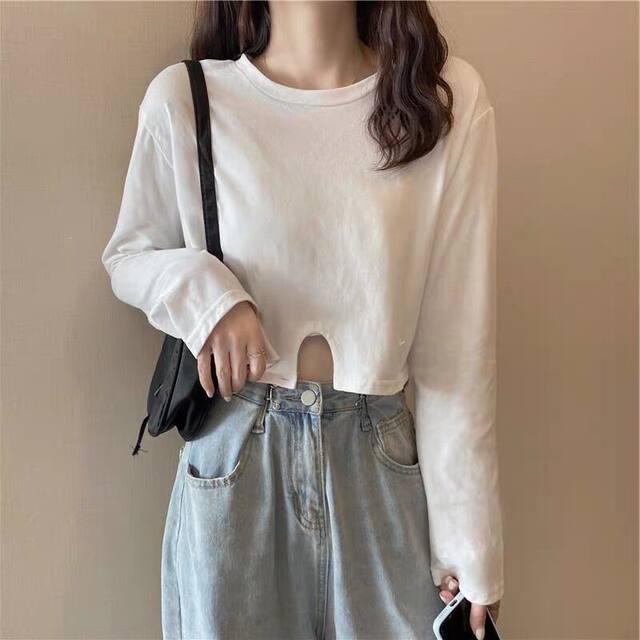 Long-sleeved t-shirt with loose bottoming Korean style revealing