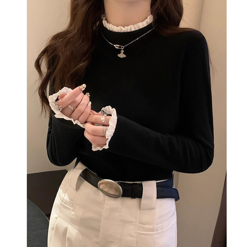 甜妹纯欲风长袖T恤女蕾丝边半高领打底衫德绒加厚加绒内搭上衣服,淘宝优惠券,粉丝福利购,淘宝优惠卷