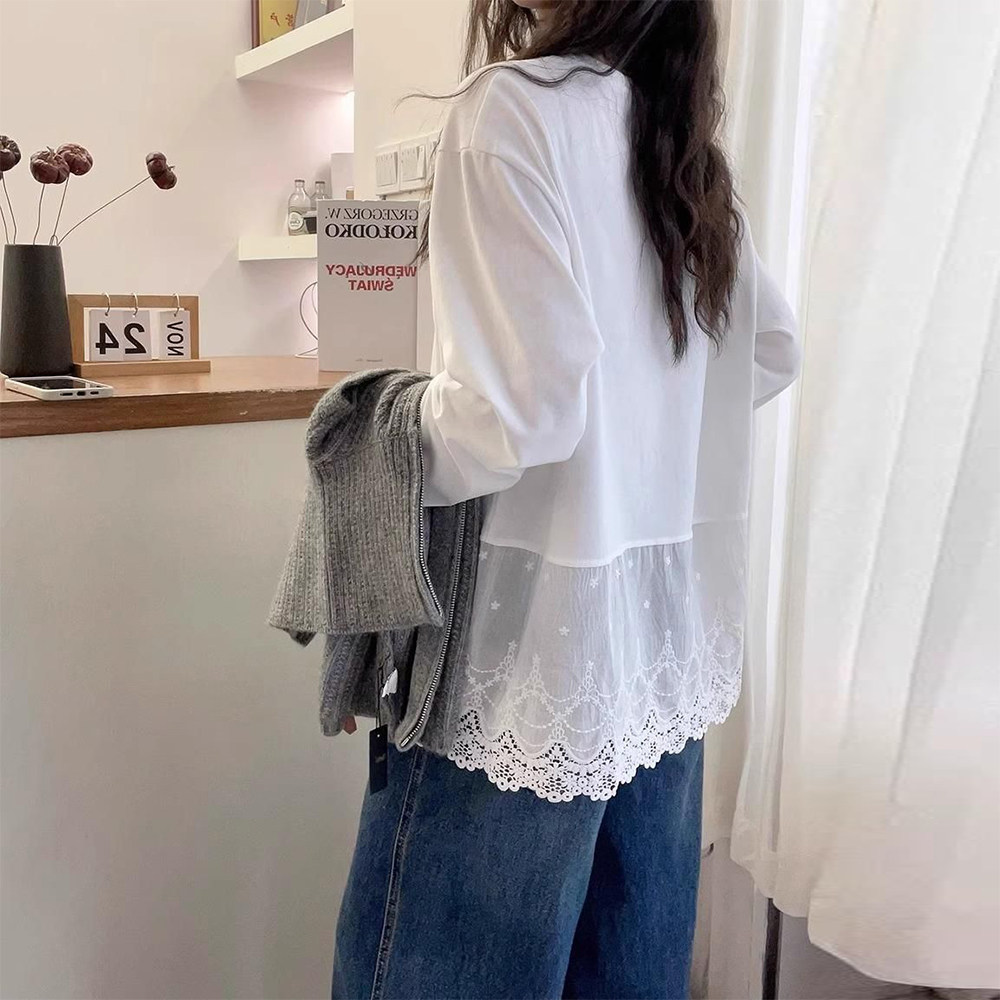 蕾丝花边开叉下摆长袖T恤女秋冬季纯棉打底衫内搭宽松显瘦上衣潮,淘宝优惠券,粉丝福利购,淘宝优惠卷
