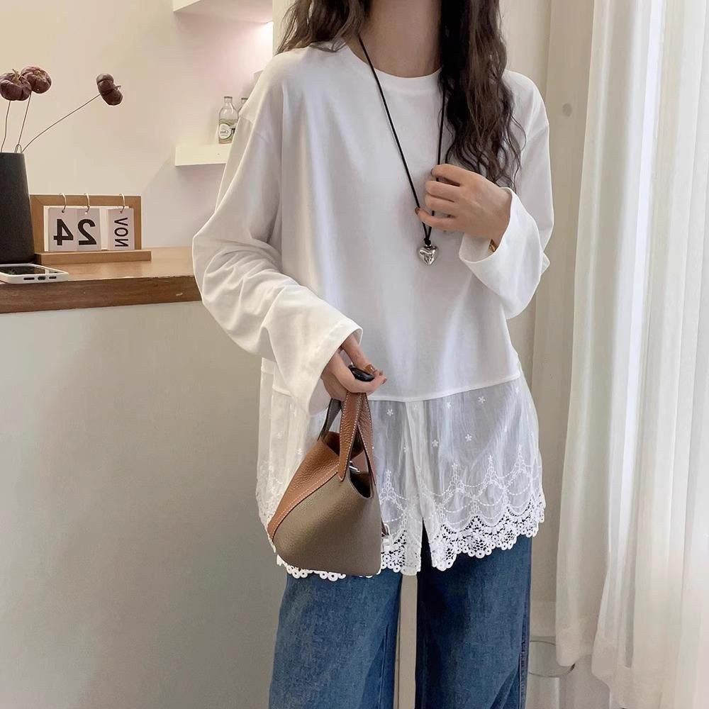 蕾丝花边开叉下摆长袖T恤女秋冬季纯棉打底衫内搭宽松显瘦上衣潮,淘宝优惠券,粉丝福利购,淘宝优惠卷