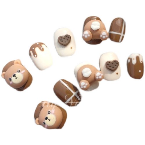 Vivacity 咖啡熊熊 撞色穿戴甲短款日常可爱美甲显白小众立体手绘 - 图3