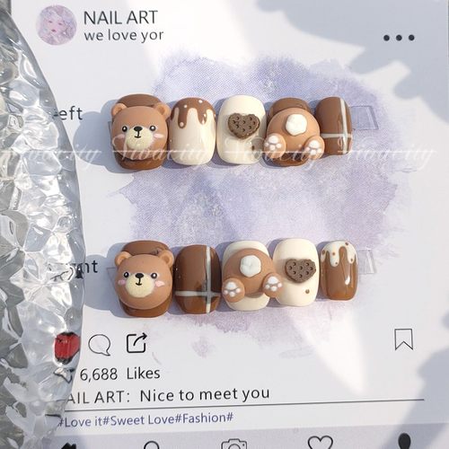 Vivacity 咖啡熊熊 撞色穿戴甲短款日常可爱美甲显白小众立体手绘 - 图0