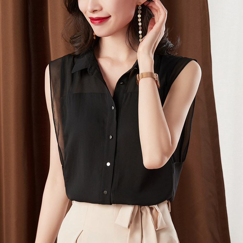 黑色设计感小众夏季无袖雪纺衬衫 苏佩衬衫