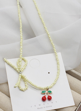 超仙法式樱桃蝴蝶结串珠项链多巴胺夏天高级感小众气质简约锁骨链
