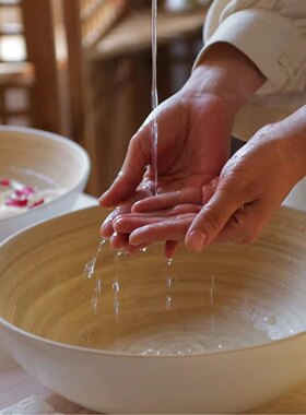 美容院瑜伽净手仪式盆按摩专用spa欢迎仪式净手礼盆圆形竹制水勺