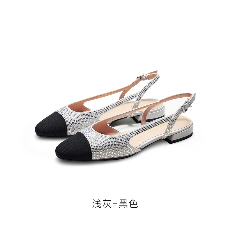 莱尔斯丹夏新款时尚烫钻圆头撞色小香风后空女凉鞋4M18502