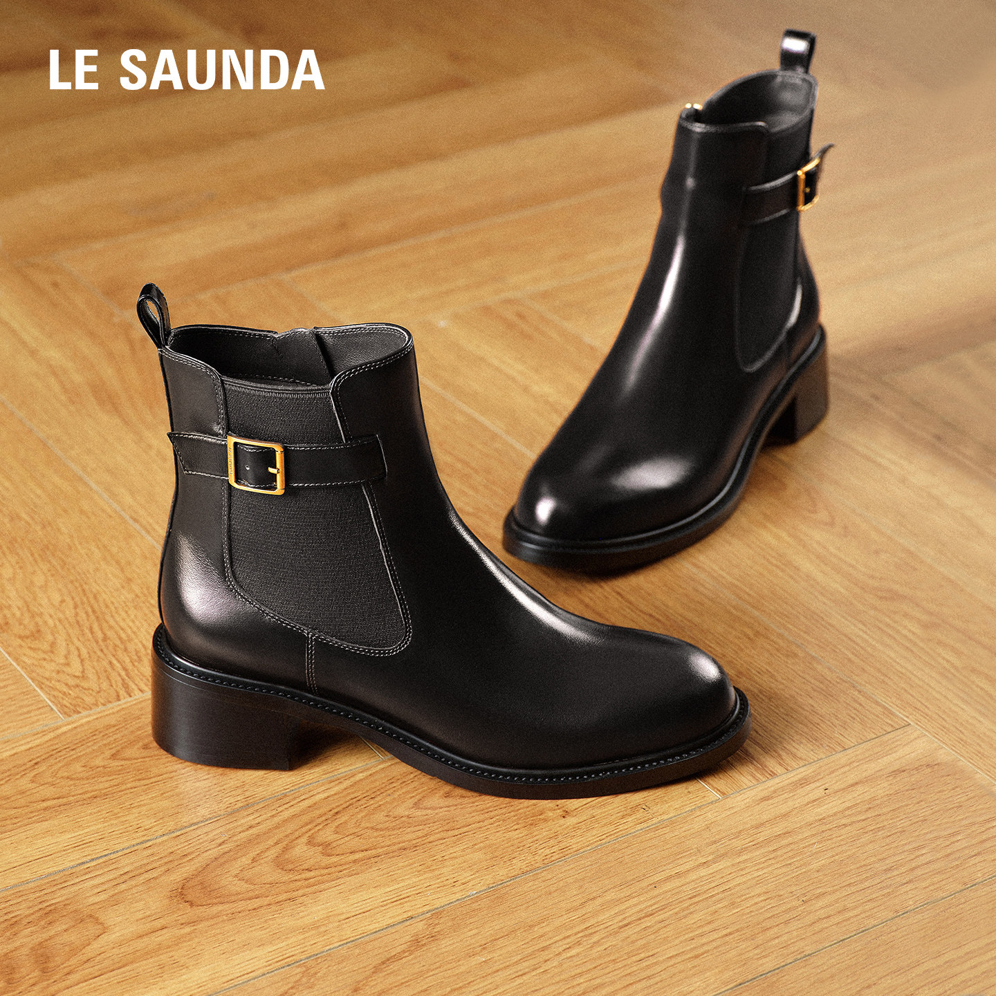 莱尔斯丹海德公园冬新款真皮粗跟黑色切尔西短靴子女鞋54501,淘宝优惠券,粉丝福利购,淘宝优惠卷