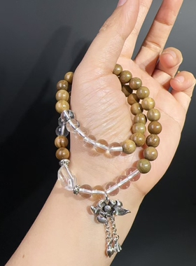 8MM绿檀木古风琉璃莲花搭配白琉璃古风三圈手链也可做项