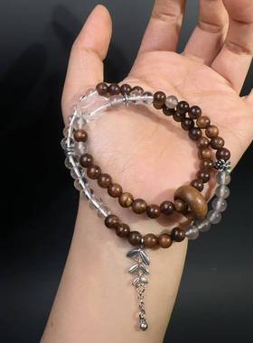 6MM花梨木双圈琉璃树叶手链意水晶搭配文玩男女款精美时尚手饰