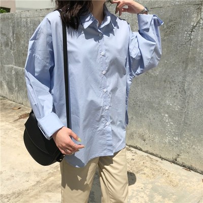 淡蓝色廓形天蓝色衬衫女小清新宽松休闲polo领长袖奶油蓝衬衣外套 虎窝淘