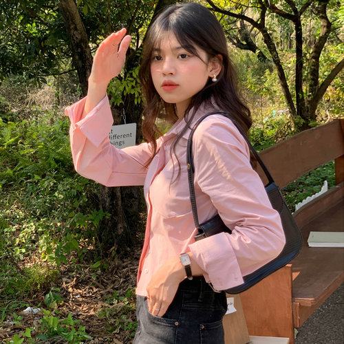 温柔甜美蜜桃粉色衬衫女别致短款小个子高级感叠穿小众设计感上衣 - 图2