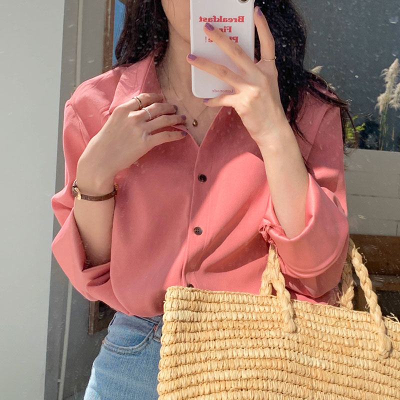 玫粉色女春小个子树莓色叠穿衬衫 百思朵衬衫