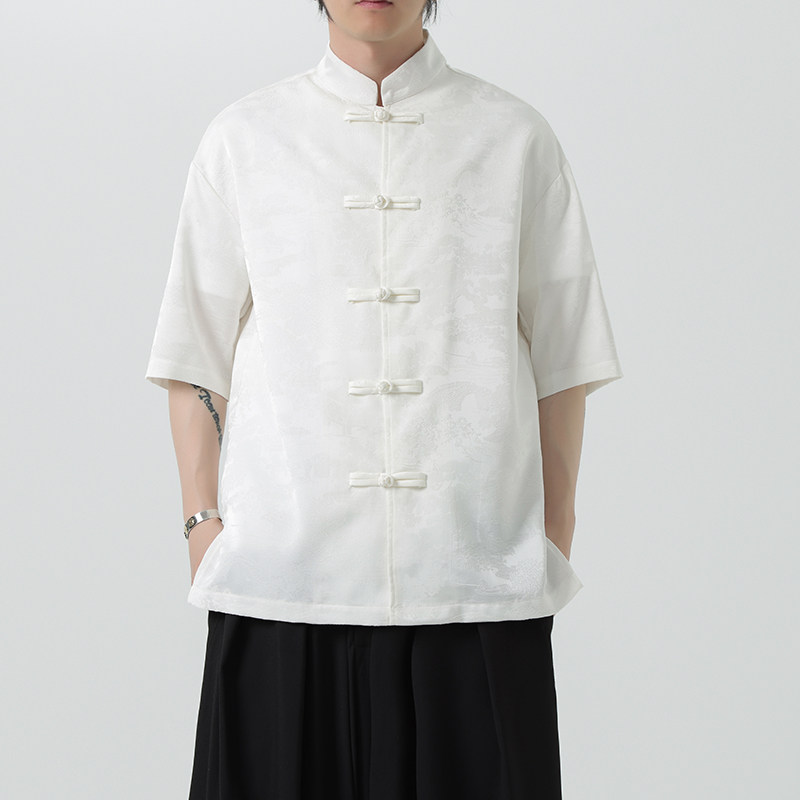 复古风汉服中国风男装夏季薄款提花短袖衬衫新中式唐装大码衬衣潮,淘宝优惠券,粉丝福利购,淘宝优惠卷