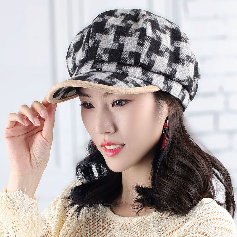 复古潮流千鸟格包边格纹鸭舌帽春秋防风保暖鸭舌帽贝雷帽女时装帽,淘宝优惠券,粉丝福利购,淘宝优惠卷