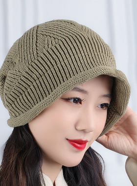 日常毛线帽胭涩鸭舌女软沿