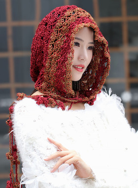 手工彩色冰线镂空钩花流苏毛线帽