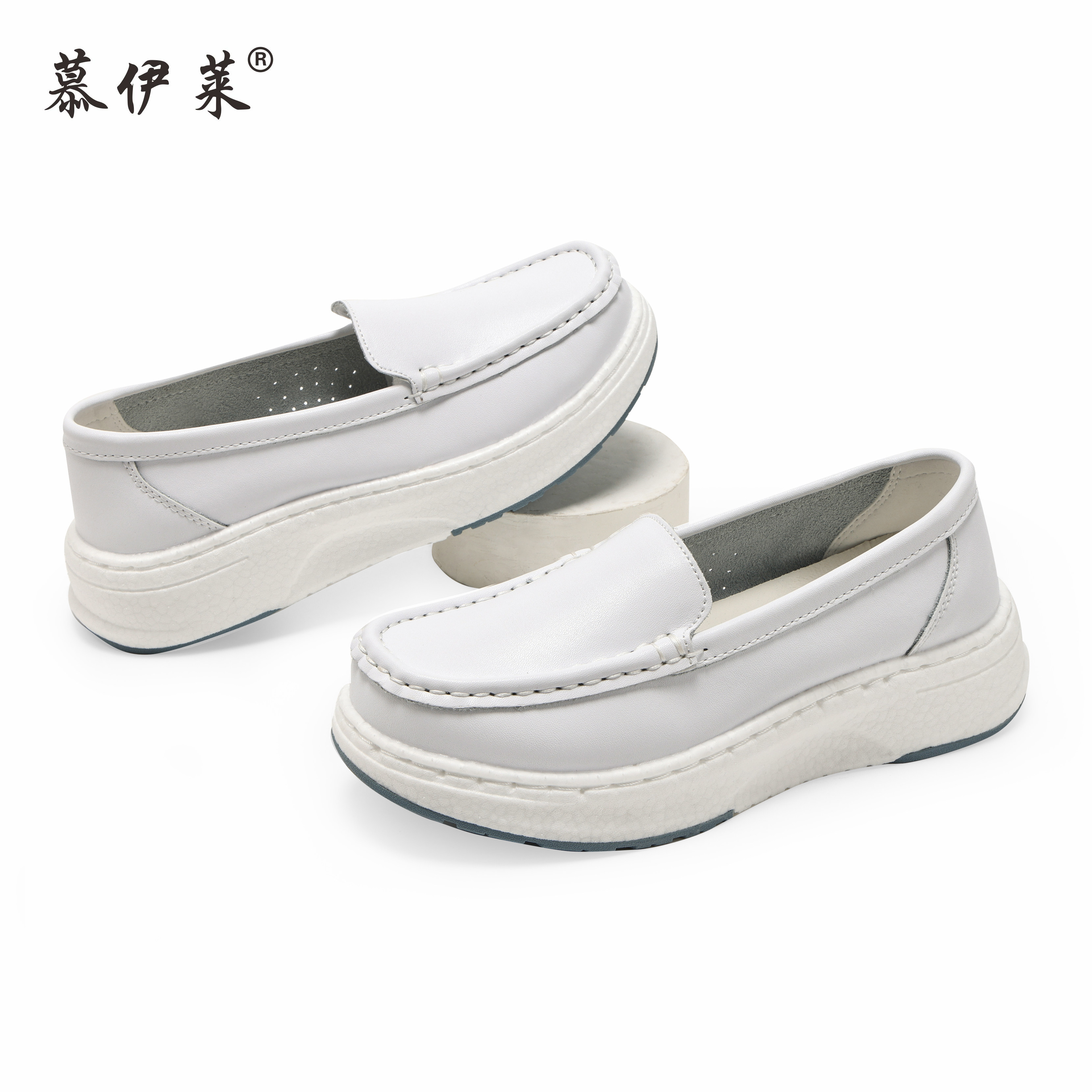 慕伊莱真皮爆米花大底护士鞋白色四季款透气静音防滑不累脚 1253,淘宝优惠券,粉丝福利购,淘宝优惠卷
