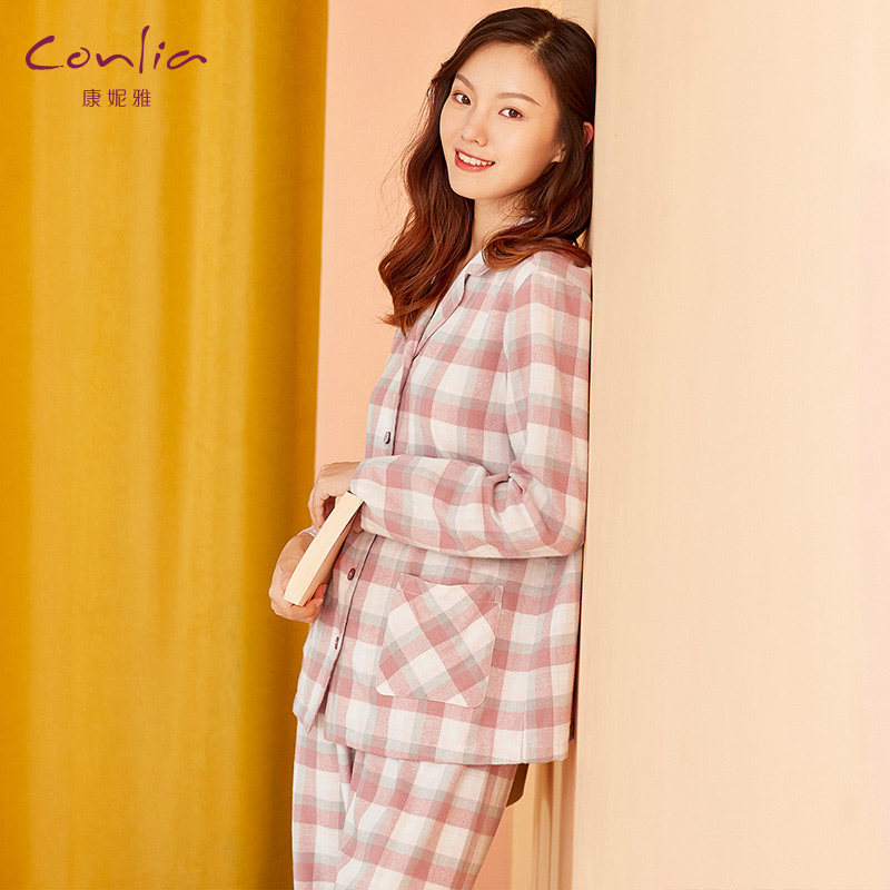 康妮雅秋季长袖格子家居服纯棉睡衣 康妮雅睡衣/家居服套装
