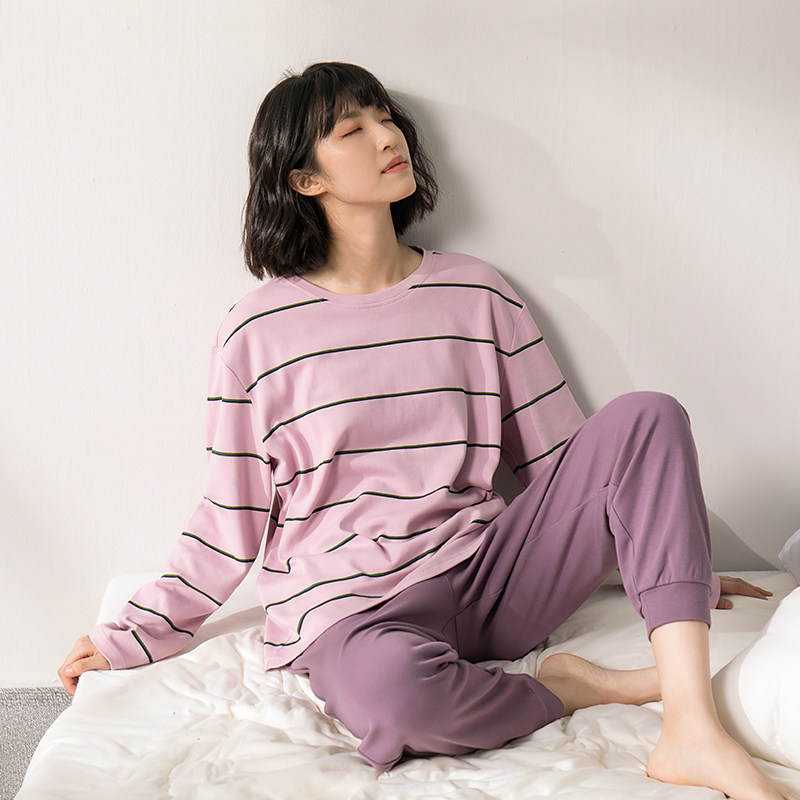 康妮雅春秋纯棉圆领宽松条纹睡衣 康妮雅睡衣/家居服套装