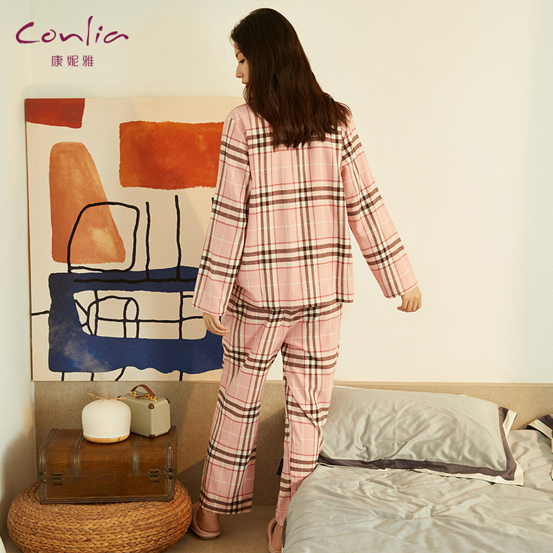 康妮雅秋季长袖格子家居服纯棉睡衣 康妮雅睡衣/家居服套装
