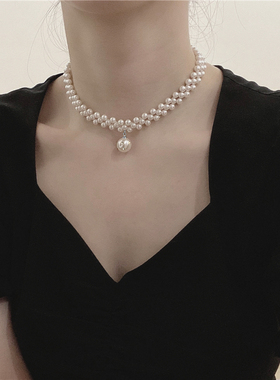 简约choker网红珍珠颈链项链小众设计感女短款气质锁骨链颈带项圈