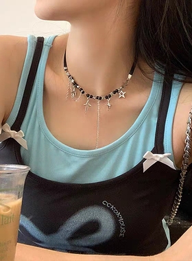 甜酷流苏星星黑色皮绳项链