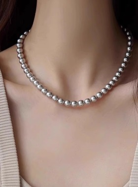 亚麻灰珠珠项链女高级感毛衣链