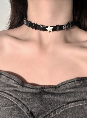 黑色白星星皮项圈式项链女