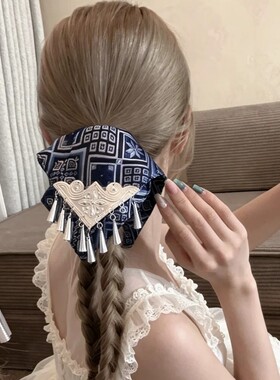 新中式民族风粉色流苏方巾发圈女2026新款高级感扎头发饰马尾发绳