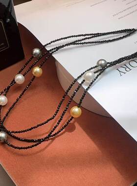 法式轻奢铜合金黑色串珠锁骨链