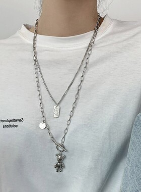 秋冬钛钢不掉色双层小熊吊坠项链女ins嘻哈长款毛衣链卫衣配饰品