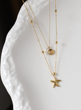 温鉴双层海星贝壳夏季度假风锁骨链叠戴项链 钛钢真空电镀不掉色