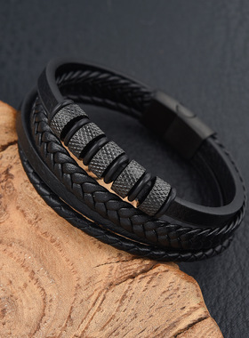 不锈钢皮手链饰品编织皮绳多层手链多颜色配件手镯个性男士