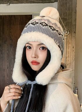民族冬季爆款针织东北提花防寒帽子女冬季帽加厚显脸雷锋帽女新品