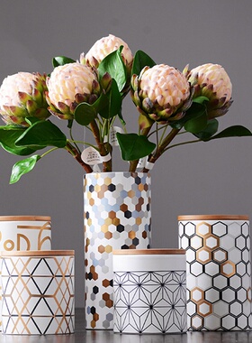 现代简约抽象几何竹木盖储物罐花瓶摆件北欧风客厅餐桌家居装饰品