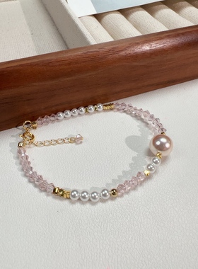 人造珍珠水晶手链女 轻奢时尚新中式手串施家珍珠正圆无暇极光