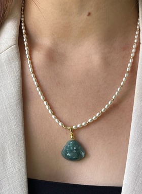 小米珠项链 蓝水翡翠佛公貔貅 施家人造珍珠项链女锁骨链轻奢时尚