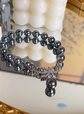 大溪地黑人造海水珍珠手链女 镶钻蝴蝶结叠戴时尚休闲高级正圆