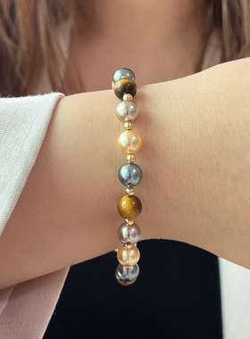 7A级虎眼石美拉德色系施家珍珠手链女 新中式手串混彩简约复古