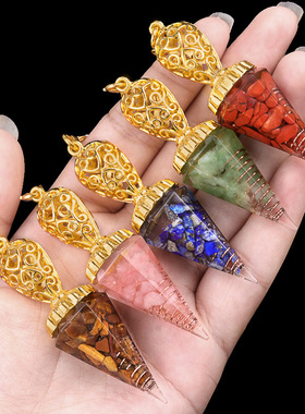 跨境饰品金色灵摆天然水晶玛瑙半宝石树脂六角锥吊坠批发