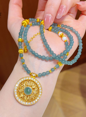 沙金翡翠可转动罗盘拉丝葫芦项链
