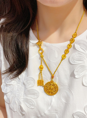 沙金镂空八宝罗盘五帝钱吊坠项链